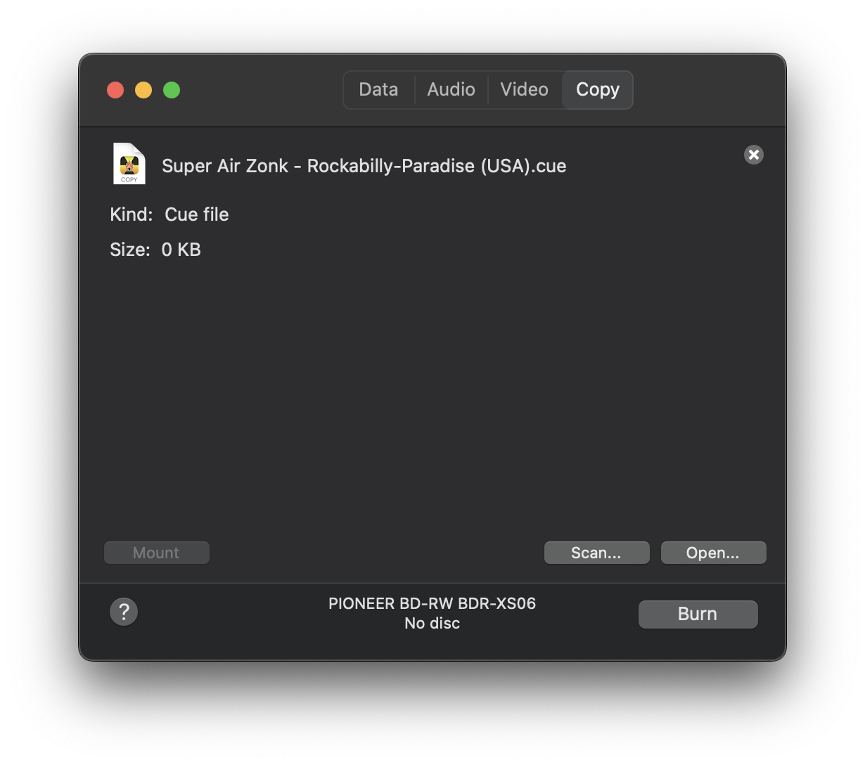 The Burn app window with the .cue file for Super Air Zonk loaded and ready to burn.