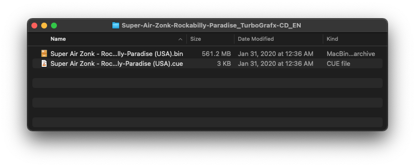 A computer window showing a single .bin and .cue file for Super Air Zonk.